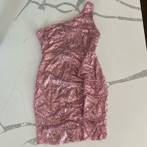 Pink sequin one strap hoco dress